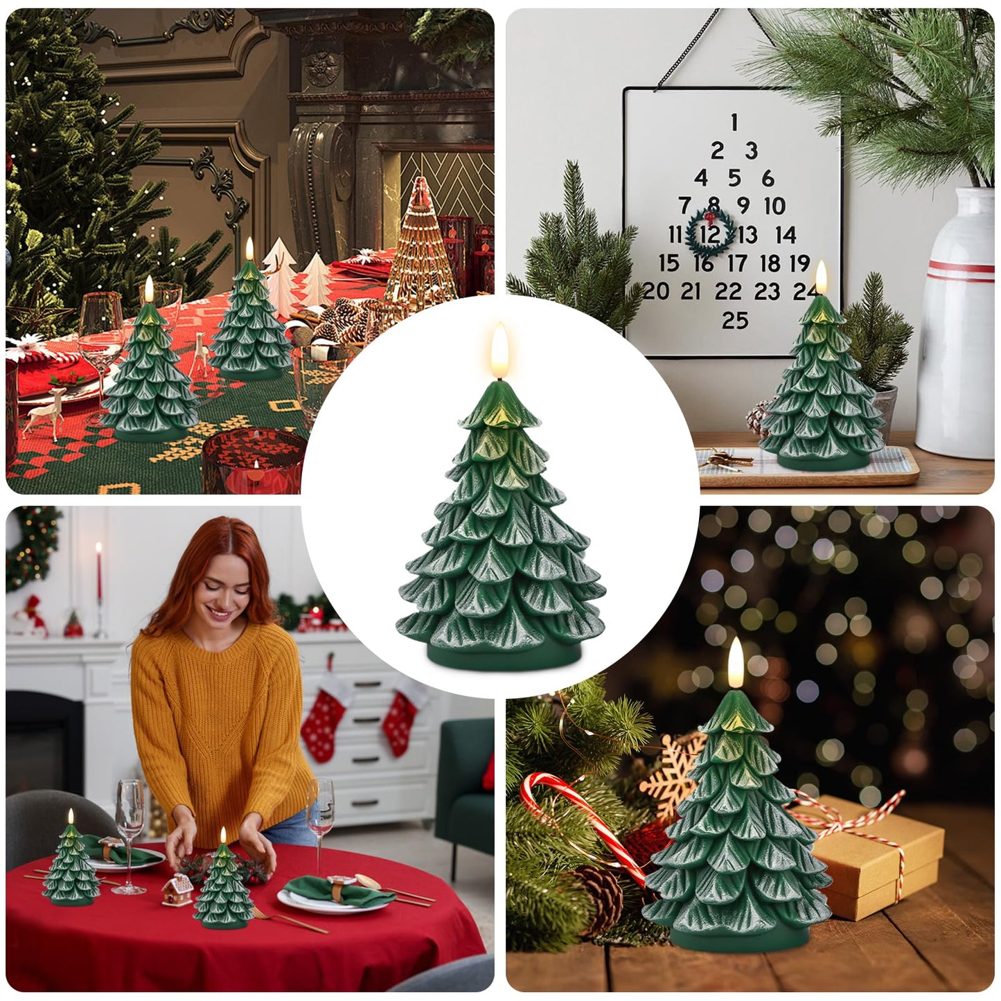 KunSwenn Christmas Tree Candles, 2 Pack Real Wax Christmas Tree Shaped Flameless Candles Battery Operated with 6H Timer, Green LED Flameless Candlesticks Imitate Snow Design for Christmas Winter Decor