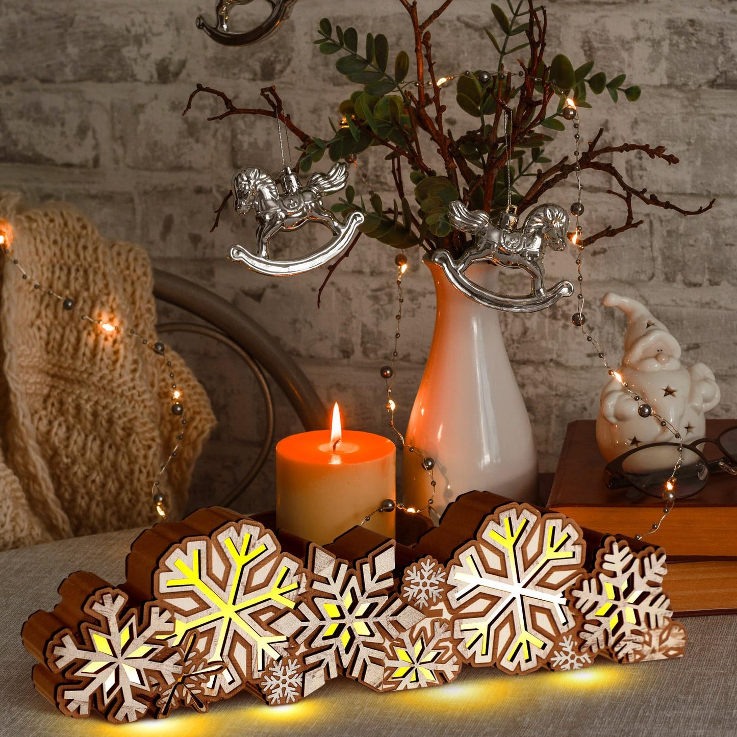 Glooglitter Winter Snowflake Wooden Tabletop Decoration Winter Sign LED Snowflake Centerpiece Wood Plaque Free Standing Wood Sign for Xmas Table Party 13.8 x 3.5 Inch