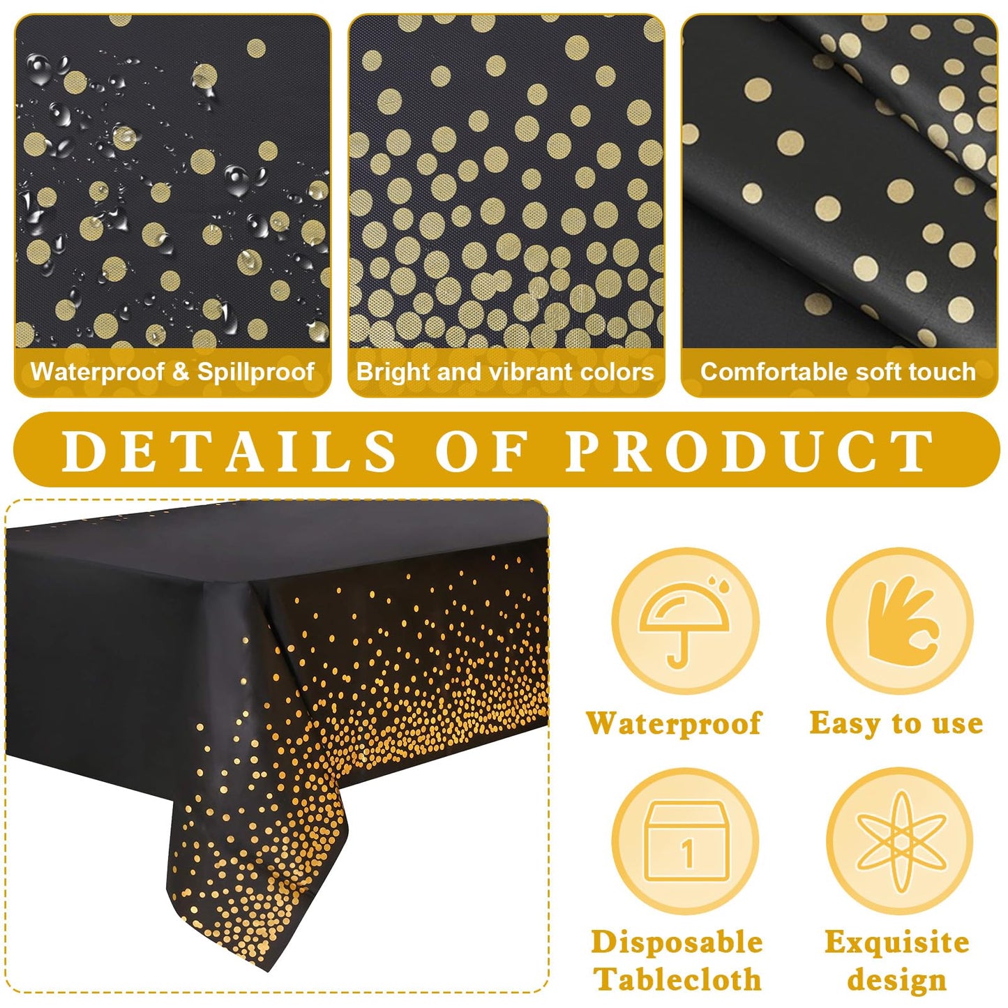 PHOGARY 61 Pcs Black Gold Disposable Tableware Set, Paper Plates and Napkins Party Supplies Dinnerware Golden Dot Black Plates Cups Straws Napkins Plastic Tablecloths for Birthday Party Decorations