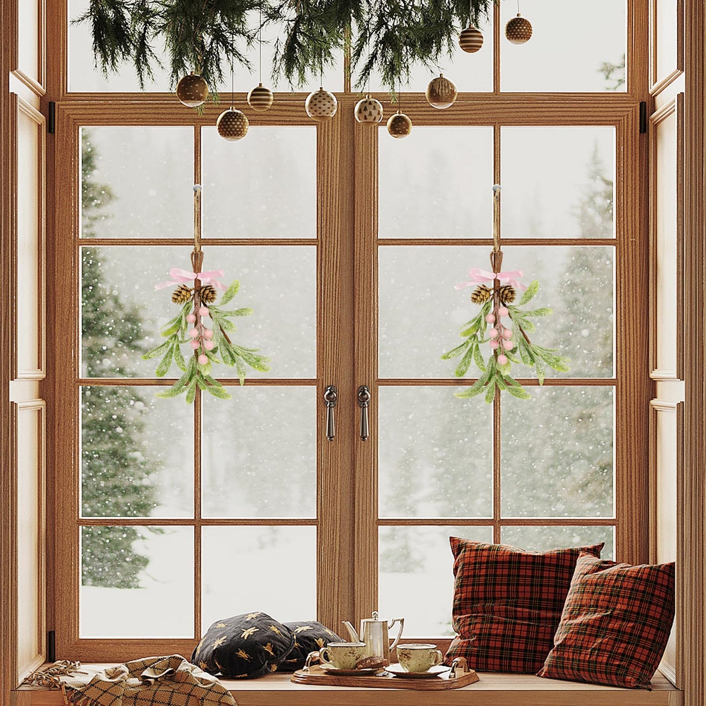 Christmas Mistletoe Decorations Frosted Artificial Mistletoe Ornaments with Bows Berries Pine Cones Snowy Fake Hanging Kissing Plant Stems for Xmas Tree Picks Doorway Holiday Decor (2, Pink)