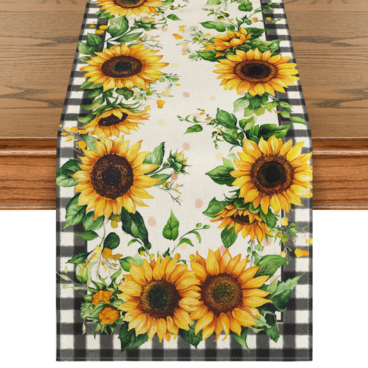 Artoid Mode Buffalo Plaid Sunflower Table Runner, Summer Fall Seasonal Kitchen Dining Table Decoration for Indoor Outdoor Home Party Decor 13 x 72 Inch