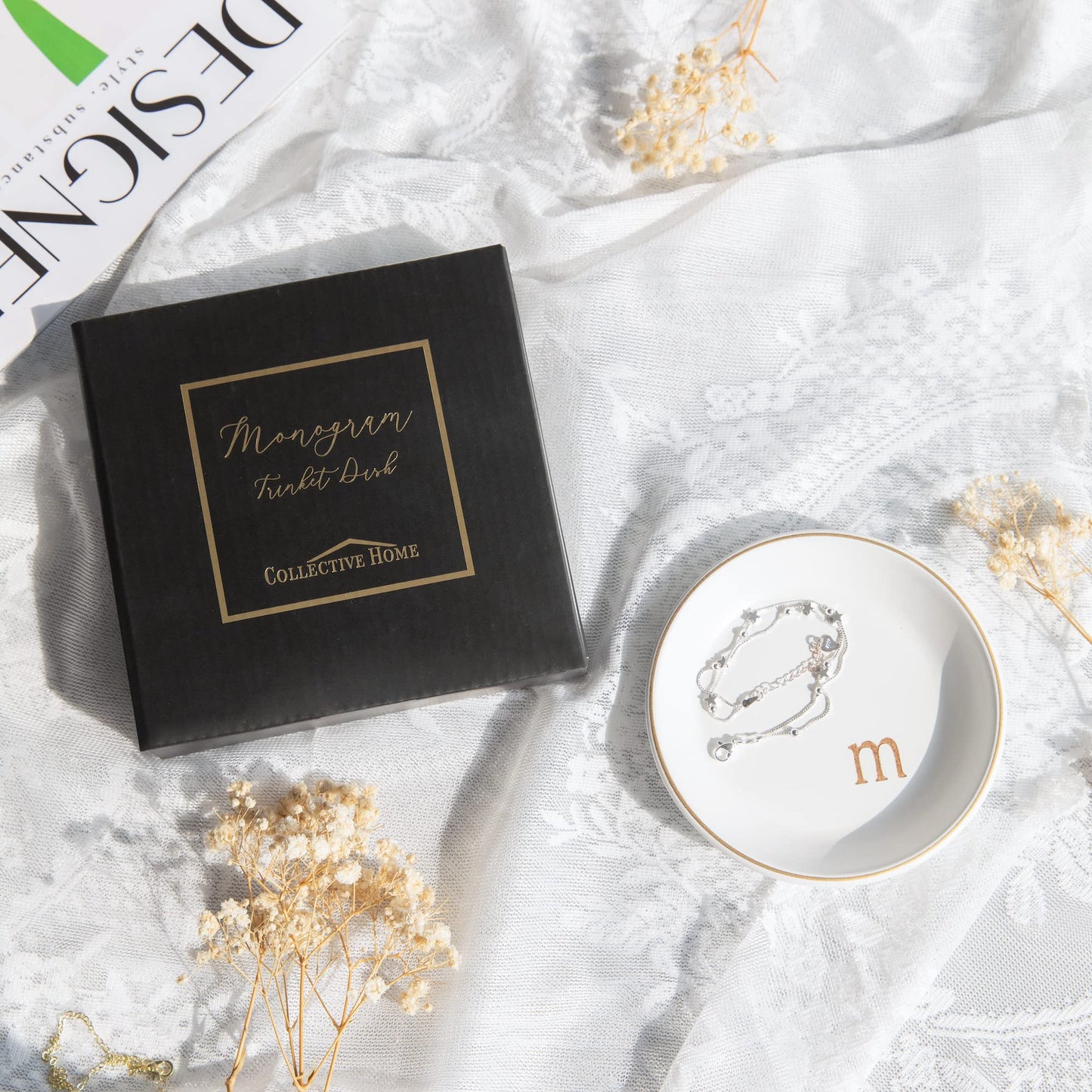 COLLECTIVE HOME - Wood Jewelry Tray, Decorative Monogram Trinket Dish for Rings Earrings Necklaces Bracelet Watch Keys, Birthday Mother's Day Christmas Gift for Women, 4.75" (k)