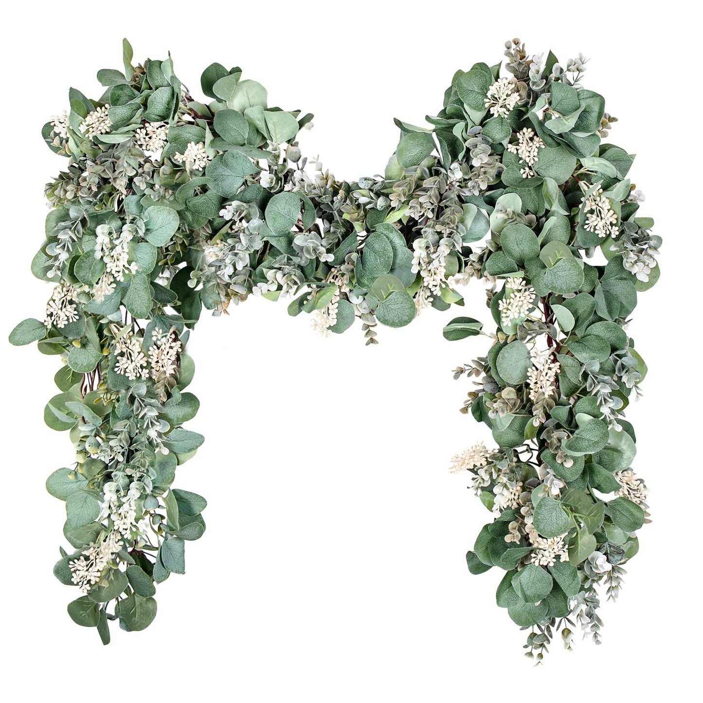Ouddy Decor Eucalyptus Garland 6.56 Ft Lush Silver Dollar Leaves Boxwood with White Buds Artificial Faux Greenery Vines for Baby Shower Wedding Party Table Runner Room Home Mantle Decor