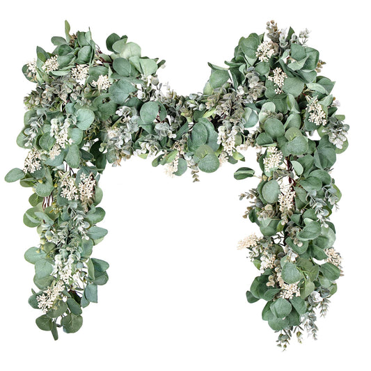 Ouddy Decor Eucalyptus Garland 6.56 Ft Lush Silver Dollar Leaves Boxwood with White Buds Artificial Faux Greenery Vines for Baby Shower Wedding Party Table Runner Room Home Mantle Decor