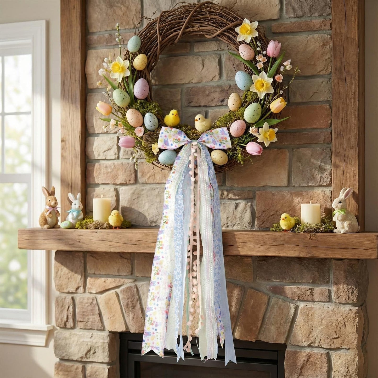 NUVCELKA Easter Door Bow with 8 Ribbons, 27.5" Spring Decoration Swag for Front Door Wreath Wall, Farmhouse Bow Decor with Pom-Poms for Home Holiday