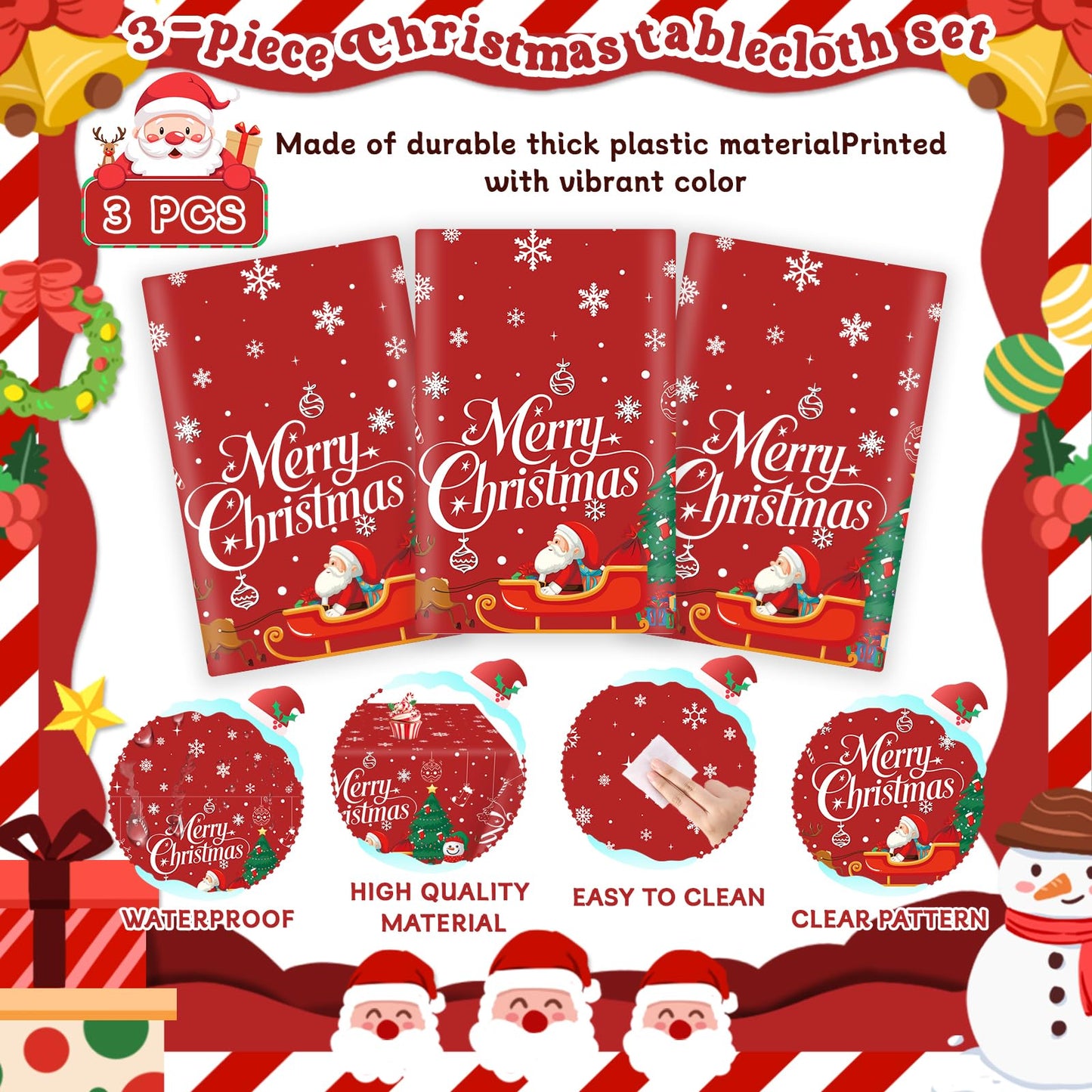 MEIDUO Christmas Tablecloth, 3 Pack 54" X 108" Red Christmas Disposable Plastic Table Covers, Rectangular Table Decor, Xmas Tree Snowman Snowflakes Designs for Winter Party Decorations