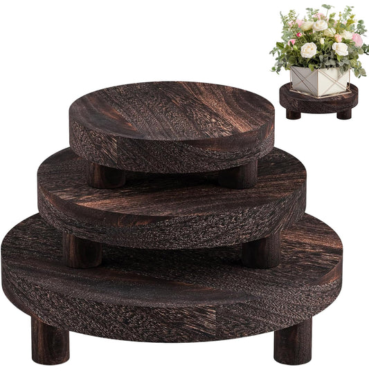 LINGXIANSENG 3 Pcs Wooden Risers for Display, Round Wood Riser Plant Stand 5/6/8" Pedestal Stand, Flower Pot Holder Small Planter Tray for Kitchen Home Décor (Rustic Brown)