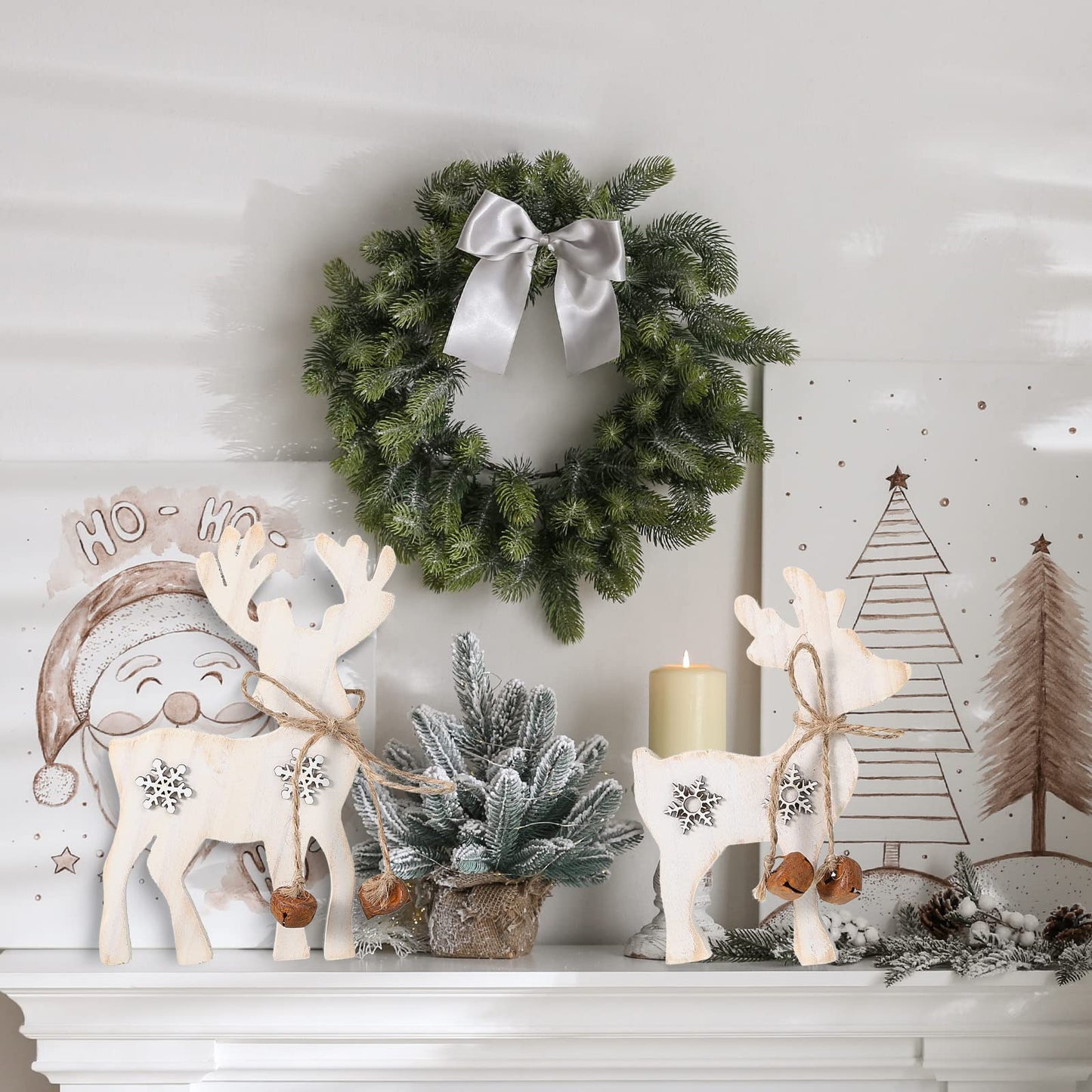 Sanwuta 2 Pieces Reindeer Christmas Decor Christmas Deer Desk Decor Indoor Rustic Reindeer Standing Tabletop Decoration Wooden Deer Table Decoration for Home Lawn Garden(Yellow Bell)