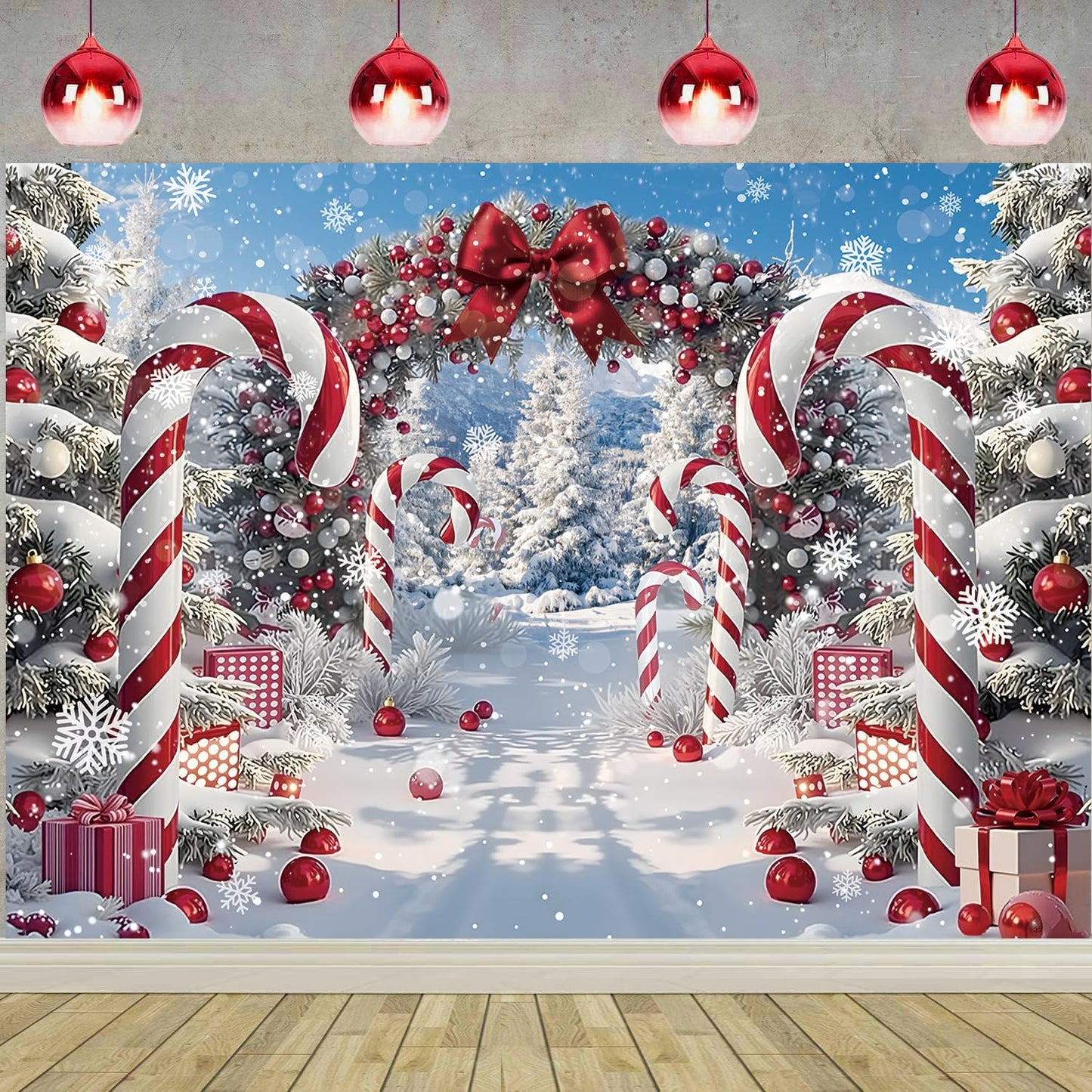 Merry Christmas Candy Cane Backdrop for Photography Winter Snow Scenery Christmas Tree Photo Background Xmas Holiday New Year Eve Family Party Decoration Banner Supplies (82x59 inch (7x5FT))