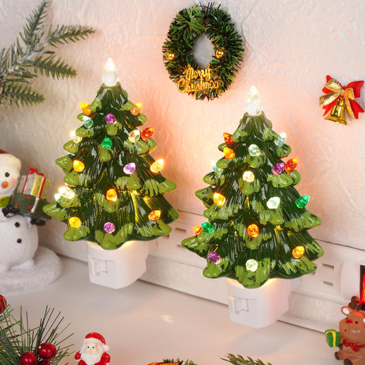 Lakumu 2-Pack 6’’ Christmas Tree Night Lights, Resin Decorative Christmas Night Light with 20 Multicolored LED Bulbs, Vintage Christmas Wall Decor for Bedroom Living Room Porch, Ceramic-Like Finish