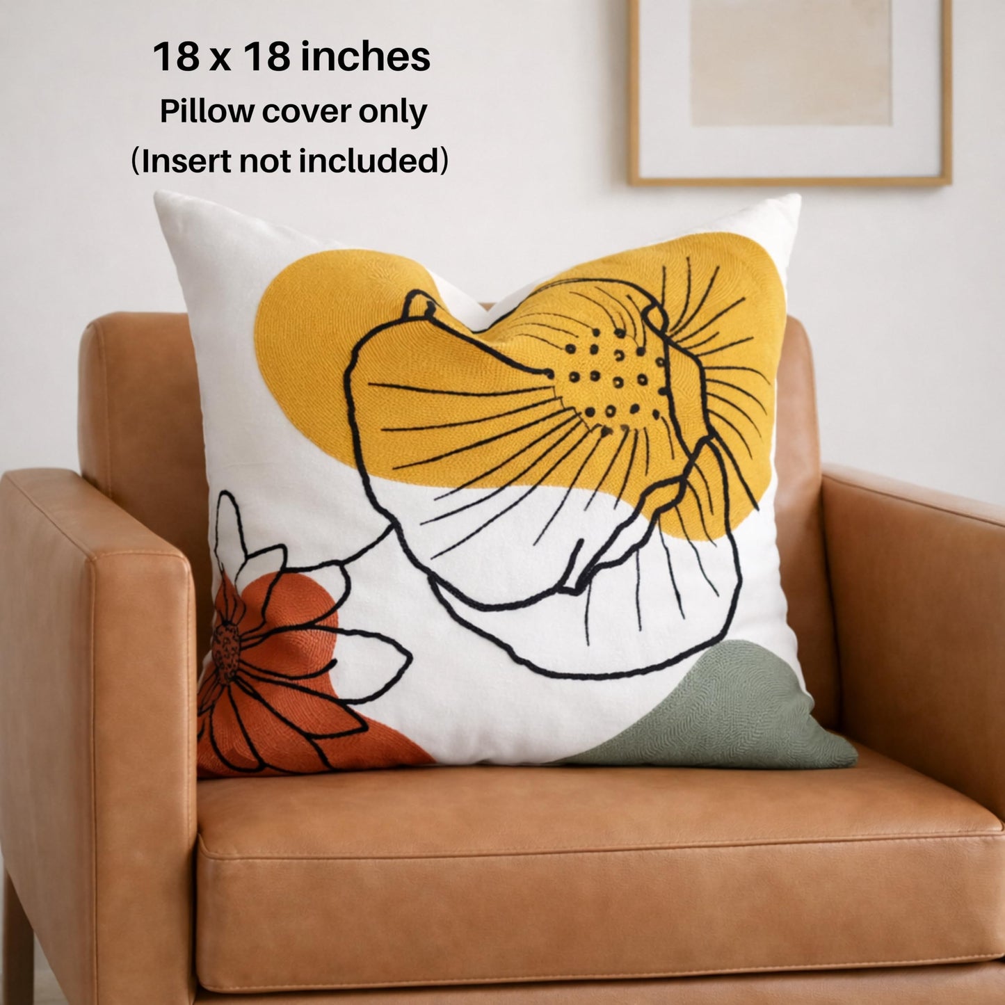 AYAY Decorative Velvet Throw Pillow Cover 18x18 Inch – Beige with Yellow, Rust & Olive Embroidered Floral Design, Earthy Boho Accent Cushion, Hidden Zipper, Cover Only