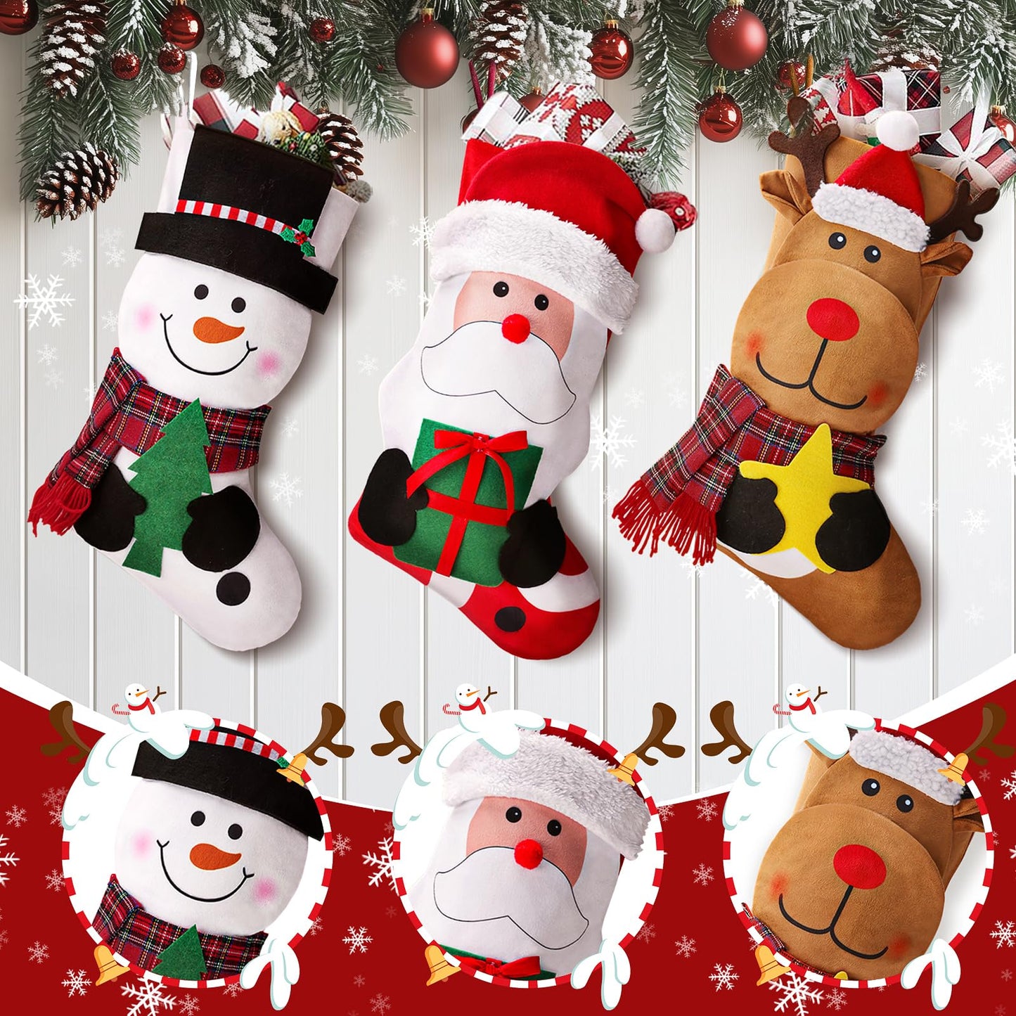 EverMerry 3 PCS 18" Christmas Stocking, Large Xmas Christmas Stockings Santa, Snowman, Reindeer Character for Holiday Party Fireplace Home Decorations