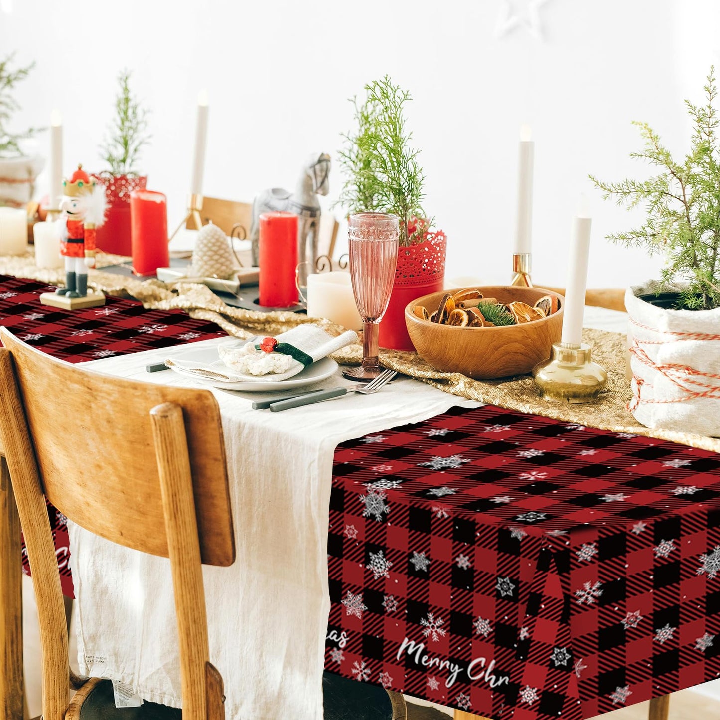 JHDZDHY 4 Pack Christmas Snowflake Tablecloth Disposable Plastic Tablecloth Table Cover for Christmas Party Decoration Supplies 54 x 108 Inches (Red Checkered Snowflake)