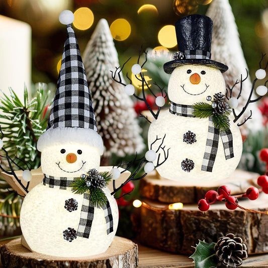 MWDJPXY 2 Pack Black and White Christmas Decor, 14" Lighted Snowmen Tree Buffalo Check Plaid Farmhouse Decorations, Table Centerpieces Rustic Gifts Tiered Tray Decor with for Christmas Party