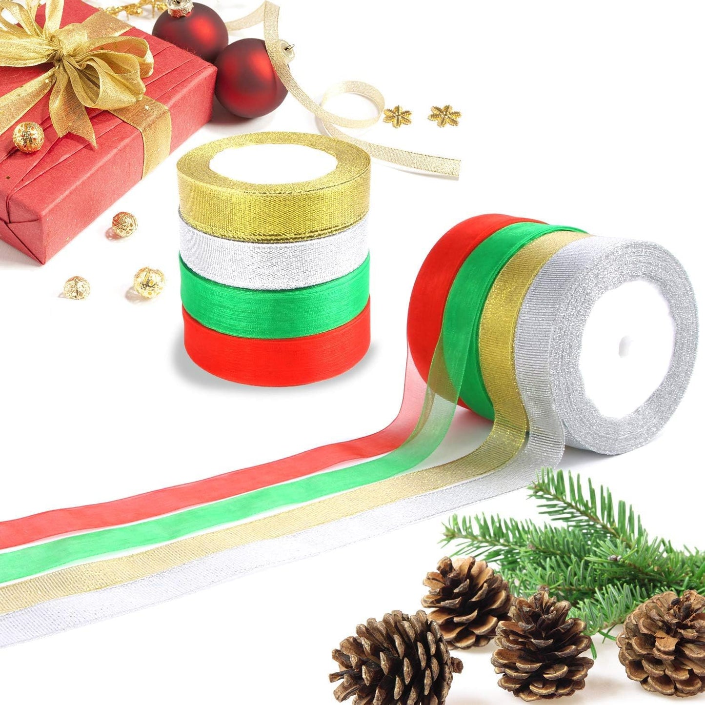 DECYOOL 4 Rolls 150 Yards Christmas Ribbons Metallic Glitter Fabric Organza Holiday Festival Ribbons 4/5" Wide for Gift Wrapping Decoration
