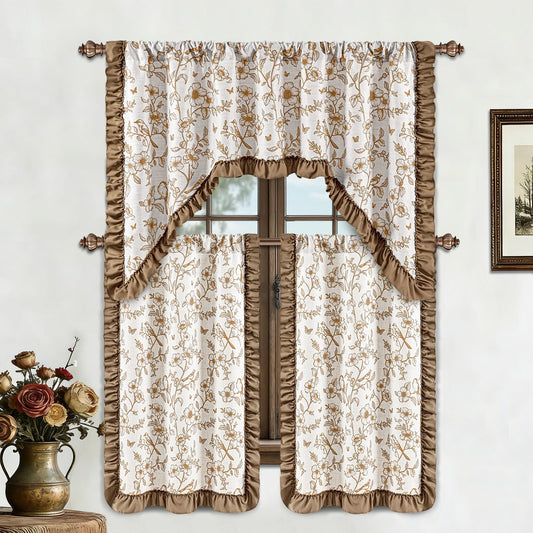Yinhua Floral Valances for Windows, French Country Ruffle Swag Curtains, Linen Light Filtering Window Valances Rod Pocket Kitchen Curtains Valance for Living Room, 60" W x 36" L, 1 Panel, Brown