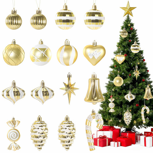 Christmas Ornaments, 16Pcs Gold and White Christmas Ornaments Set with Hanging Strings Ideal for Christmas Tree Decorations and Indoor Accents