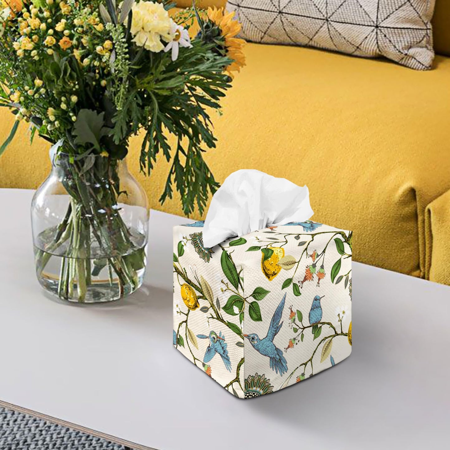 Tissue Box Cover Square Decorative Tissue Box Holder Cute Funny Cube Tissue Case Cover-Blue Bird Tissue Box Cover