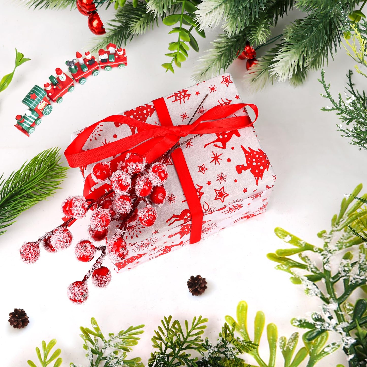 FOIMAS Snow Frosted Artificial Red Berry Stems,24 Pack Christmas Berry Spray Picks Holly Berries Branches for Christmas Tree DIY Craft Home Decoration