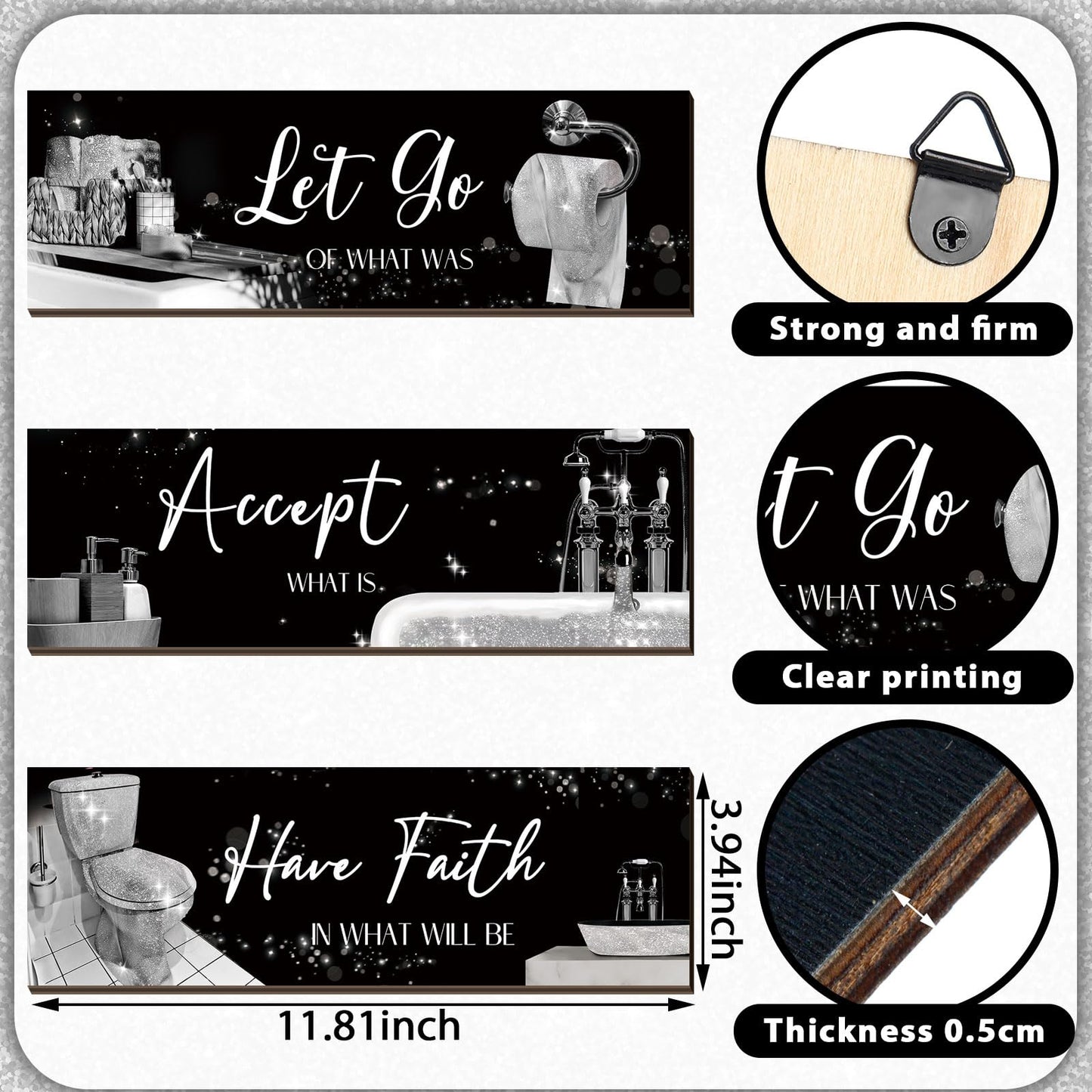 Honoson 3 Pcs Bathroom Decor Wall Art Bathroom Pictures Decor Accept Let Go Have Faith Wood Wall Hanging Sign for Home Spa Laundry 11. 8 x 3. 9 x 0. 2 Inches (Silver)