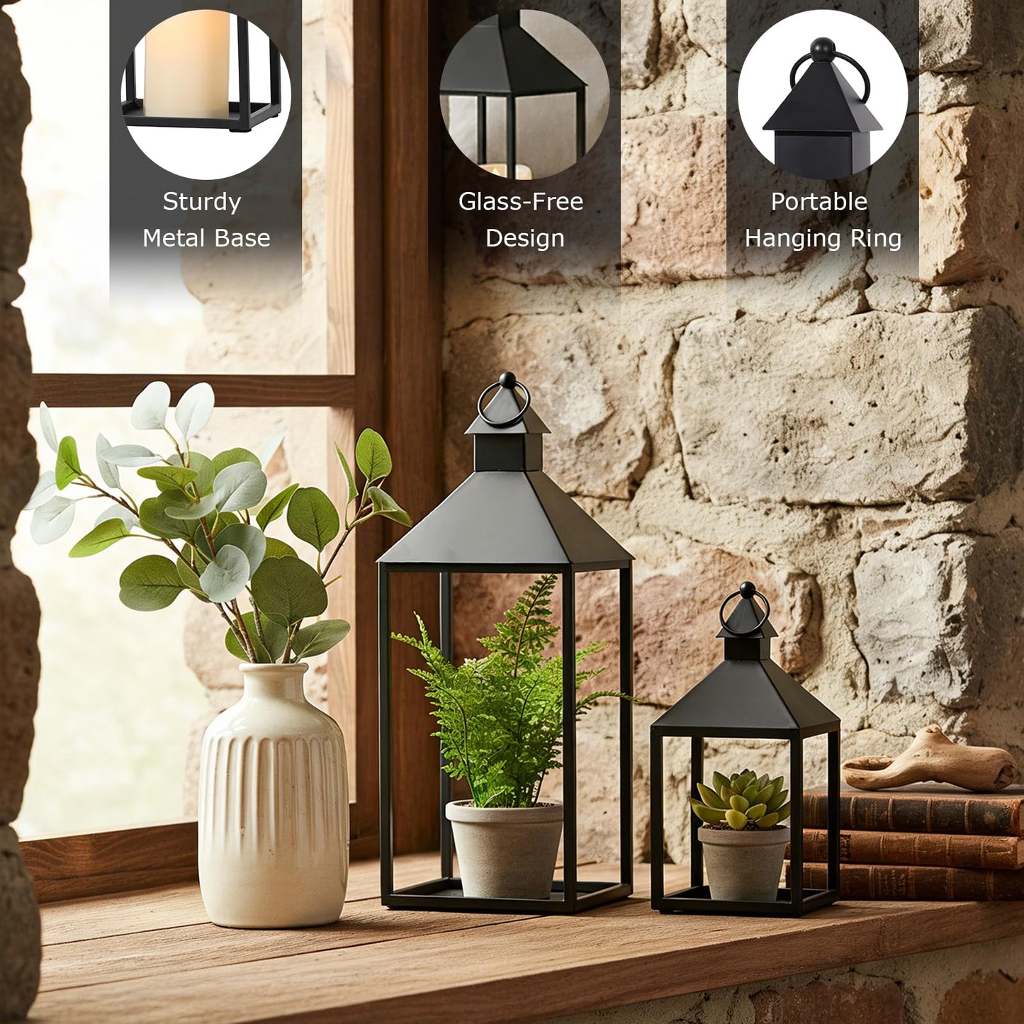 Sunnyfuture Lantern Decorative Outdoor/Indoor Set of 2 (15" & 11") Black Metal Candle Lanterns with Flameless, Farmhouse Decoration for Home, Porch, Garden, Mantle, Wedding