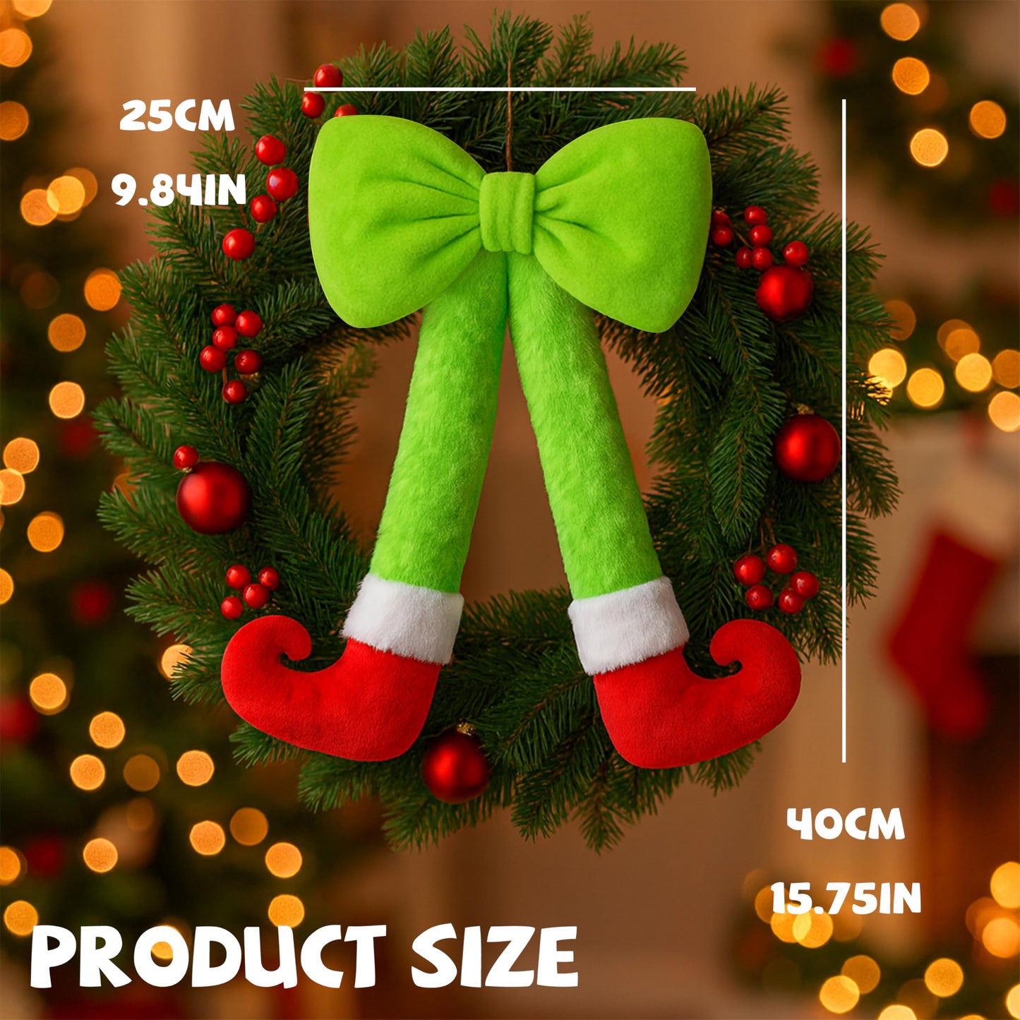 Plush Elf Legs Christmas Wreath Decoration with Large Red Bow - 15.7" Hanging Holiday Decor for Front Door, Wall & Tree (1, Green)