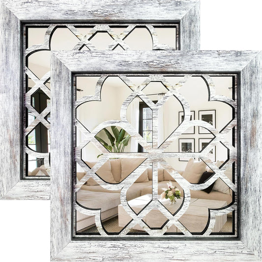 HMANGE Boho Wall Mirror Decor, Set of 2 Rustic Farmhouse Accent Mirror 12x12 Inch, Square Shatterproof Vintage Style Mirrors for Wall, Small Decorative Mirrors for Living Room, Bedroom(Grey)