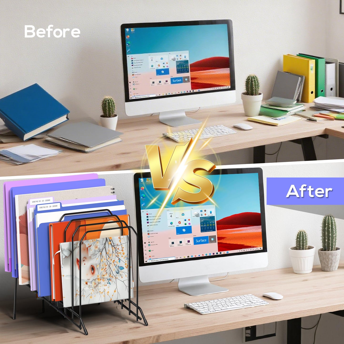 Gawerk Incline Metal Desk Magazine Folder Holder, Sorter Desk File Organizer with 8-Section Vertical Compartments Rack File Organizer for Office, Home, School (2 Pack)