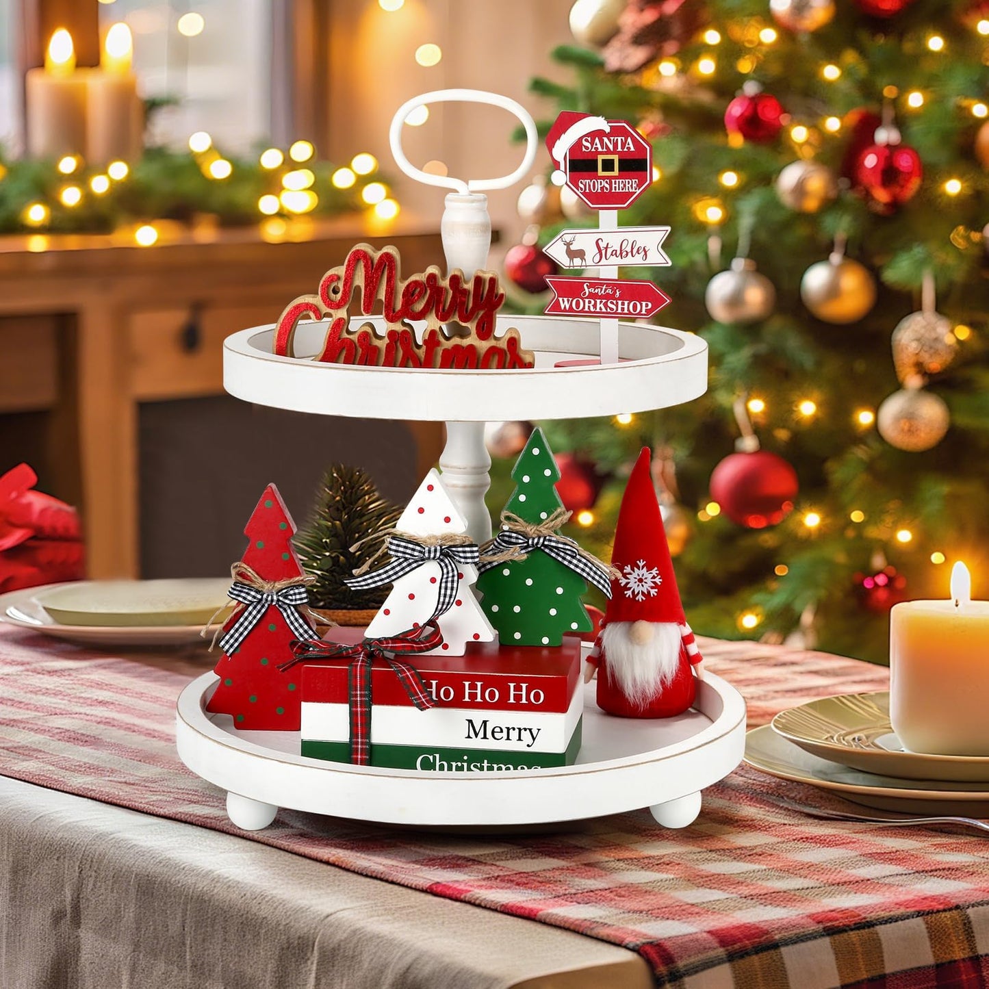 Christmas Decoration 6PCS Table Centerpieces, Tabletop Christmas Decor for Tiered Tray Shelf Mantel Fireplace Coffee Bar Office Desk Farmhouse Xmas Holiday Decoration Wood Faux Book and Tree Sign