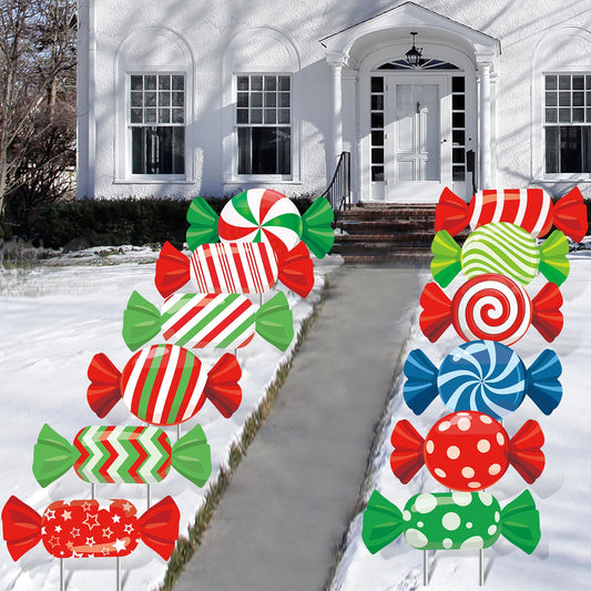 Sawysine 24 Pieces Christmas Candy Outdoor Lawn Yard Sign Yard Stakes Christmas Holiday Garden Decor with Waterproof Corrugated Cardboard for Xmas Pathway Walkway Decorations (Candy Style)