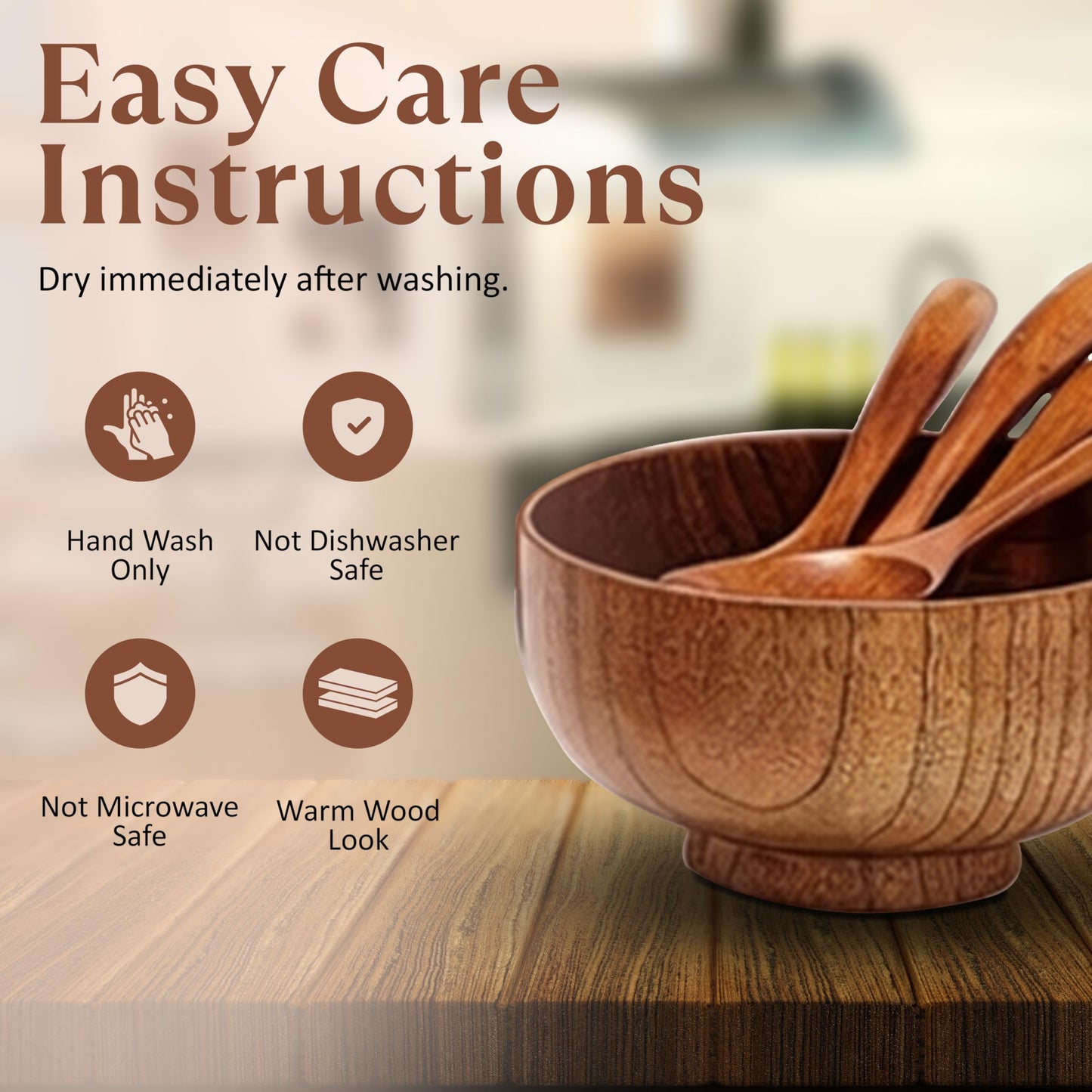 Komokey Wooden Bowl and Spoon Set of 4 - Japanese Style Natural Wood Soup Rice Salad Bowls with Spoons, Eco-Friendly Handcrafted Tableware, Housewarming Kitchen Gift