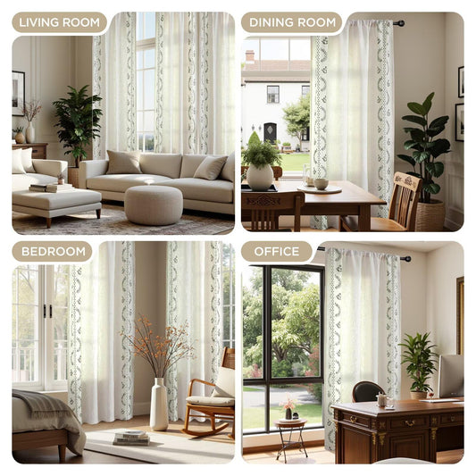 Joydeco Olive Green Embroidered Curtains 63 Inch Long 2 Panel Set, Vintage Floral Linen Drapes for Living Room Bedroom, Light Filtering Cottage Curtain with Back Tab Rod Pocket (63" L x 50" W)
