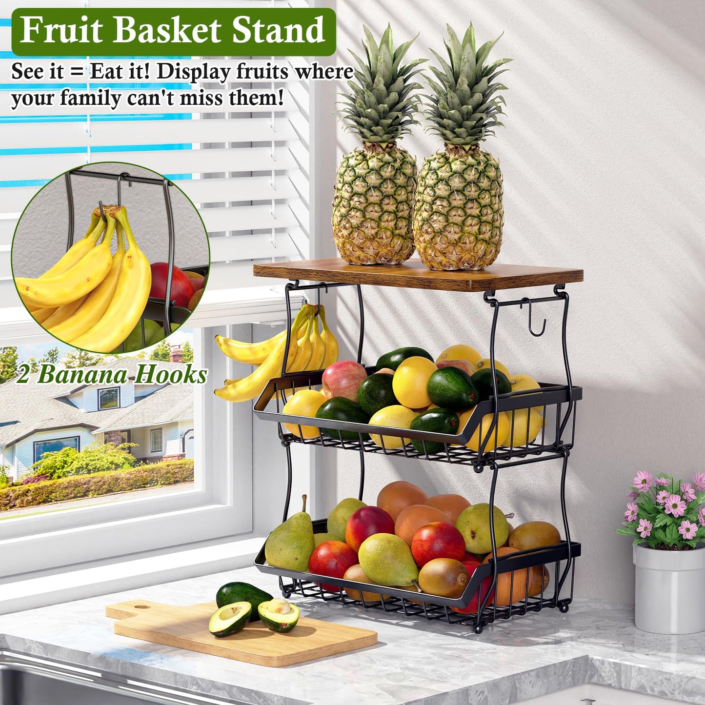 OKZEST 3-Tier Fruit Basket for Kitchen Counter with Banana Hangers, Countertop Organizer Fruit Bowls with Wood Top, Fruit Storage Basket Stand for Storage Potato Onion Bread Snack Fruit Veggie