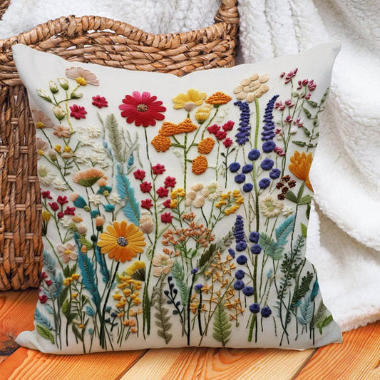 Leaveland Wildflower Faux Embroidery Print 18x18 Inch Throw Pillow Cover Faux Embroidered Boho Floral Cushion Case Spring Summer Fall Christmas Mom Sister Her Gift Home Couch Decor Flower Pillowcase