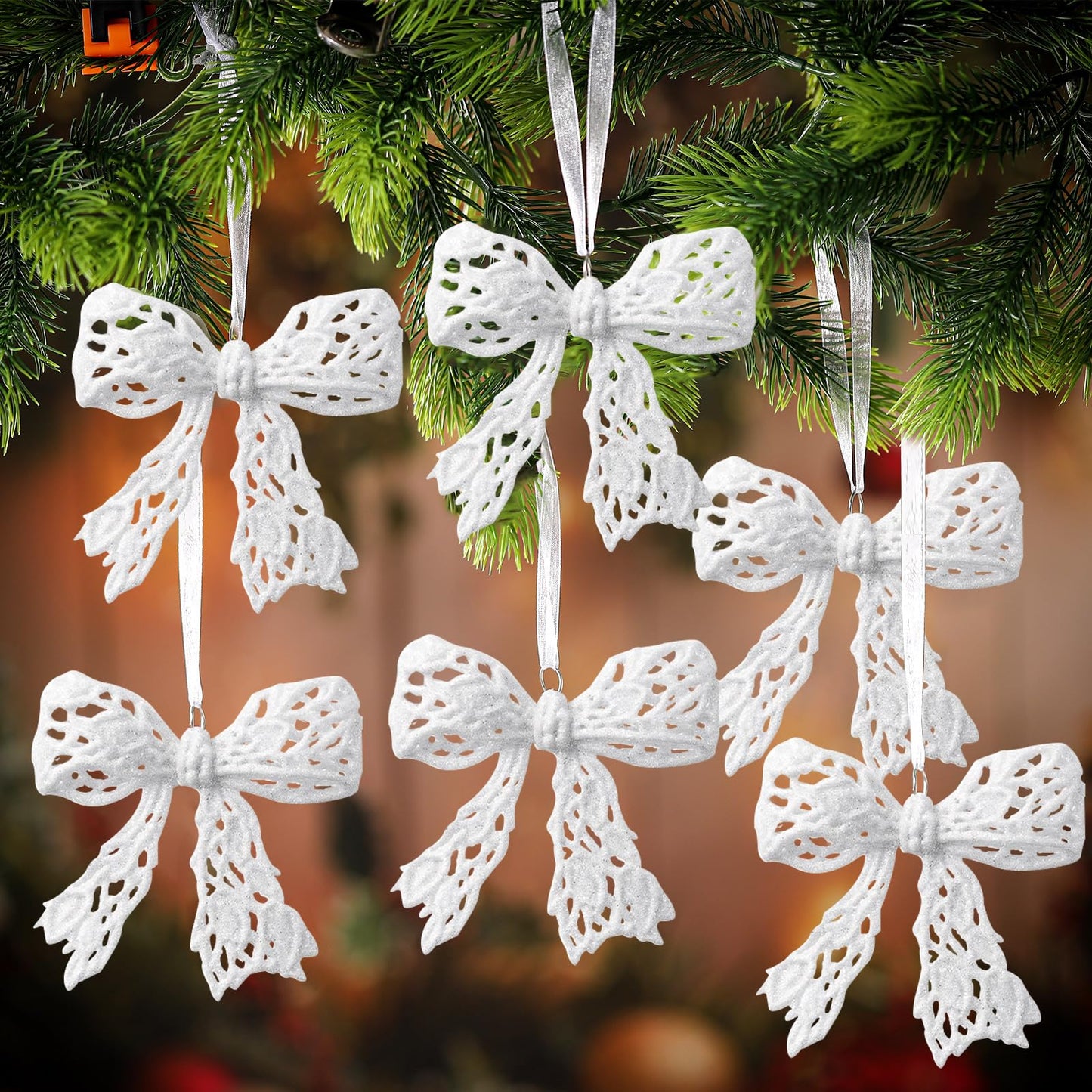 Thyle 12 Pcs Glitter Christmas Bow Ornaments for Christmas Tree Decorations 3.94'' White Shiny Wreath Bows Pendant Xmas Tree Hanging Ornaments for Holiday Winter Home New Year Party Decorations
