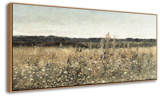 DJSYLIFE Extra Large Framed Canvas Wall Art Oversized Vintage Wildflower Field Landscape Painting Prints Classical Flowers Pictures for Farmhouse Living Room Bedroom Wall Decor 29.52 x 57.87 Inch