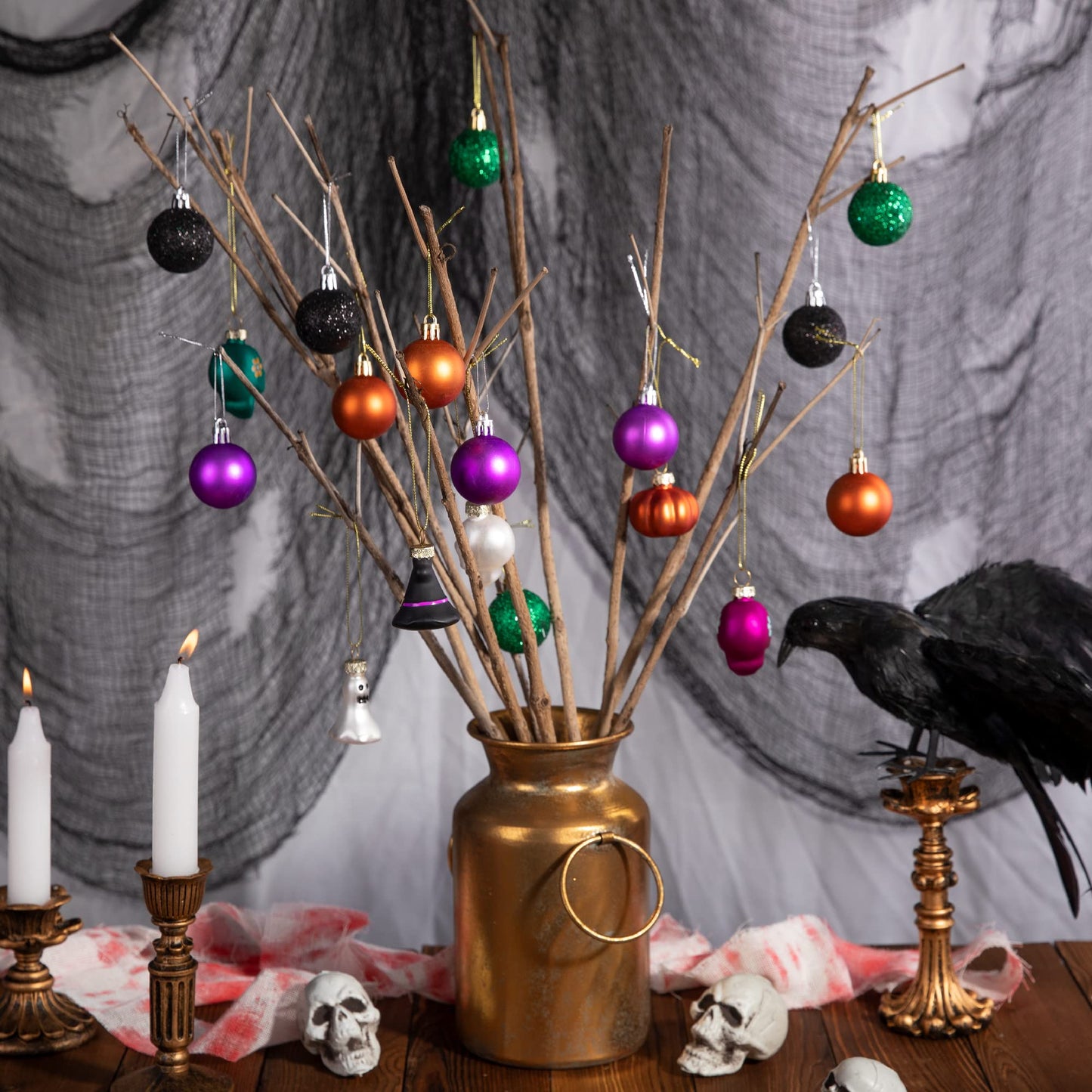 Deloky 24 Pcs Halloween Glitter Balls Ornaments, 1.6 Inch Halloween Shatterproof Hanging Balls, Black Orange Purple Green Shiny Ball Tree Ornaments for Halloween Christmas Party Tree Decoration