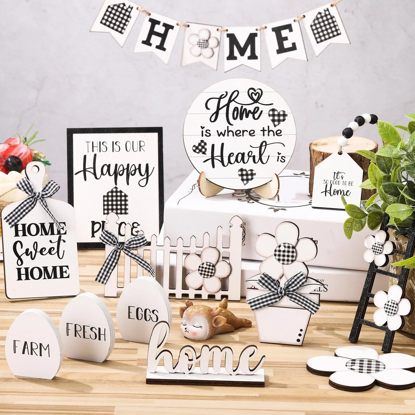 Tatuo 18 Pcs Farmhouse Tiered Tray Decor Set Home Wooden Signs Rustic Home Tiered Tray Decorations Buffalo Plaid Farmhouse Tabletop Wood Signs for Kitchen Table Shelf Decor