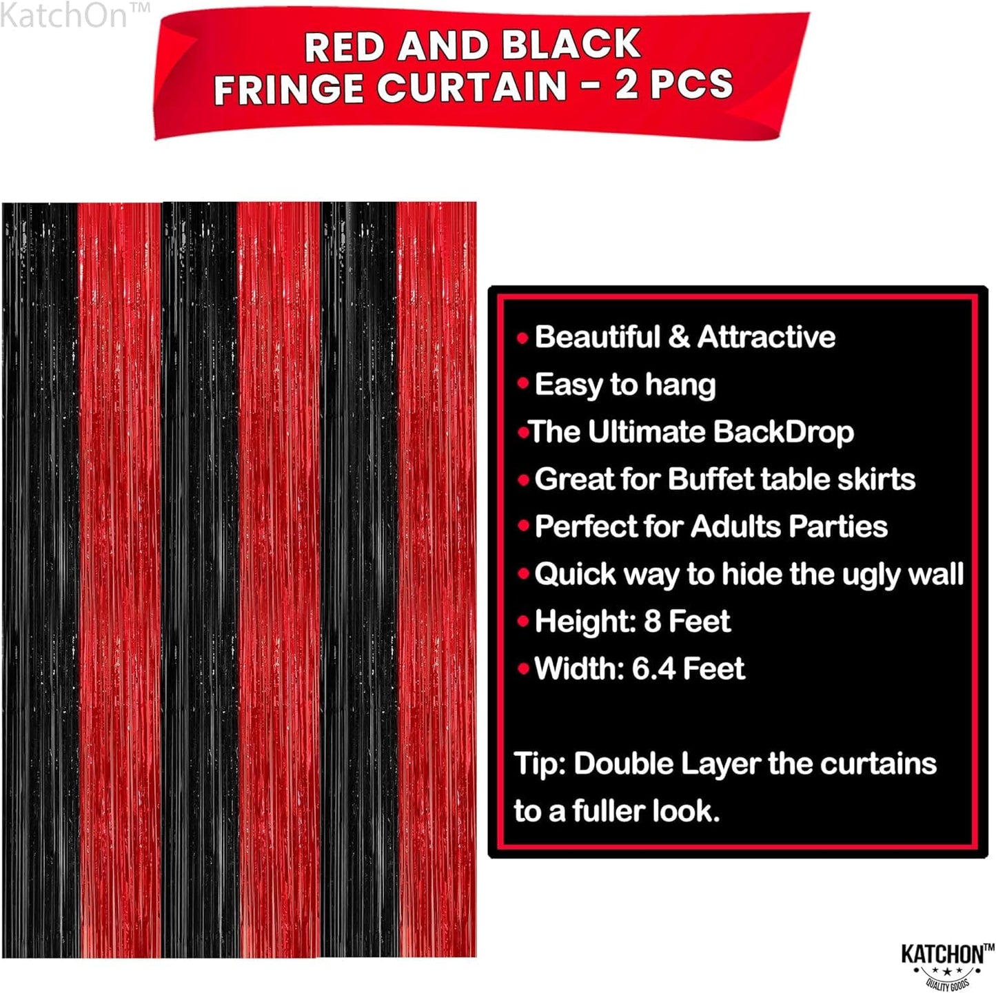 KatchOn Red and Black Fringe Curtain - 6.4x8 Ft Pack of 2 | Red and Black Streamers for Casino Theme Party Decorations | Foil Fringe for Anniversary, Bachelorette | Graduation Decorations 2026