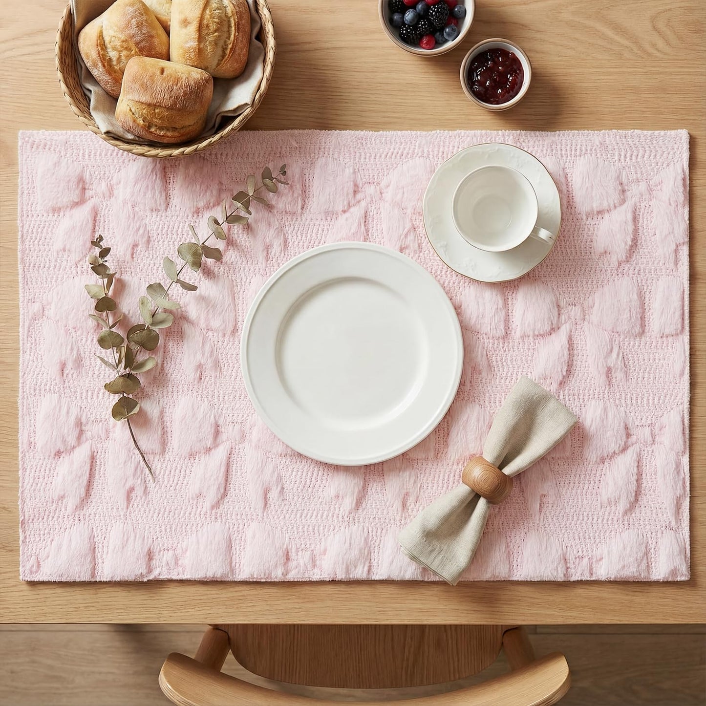 Artoid Mode Pink Bows Spring Placemats Set of 4, 12x18 Inch Soft Plush Faux Fur Wool Holiday Table Mats for Party Kitchen Dining Decoration