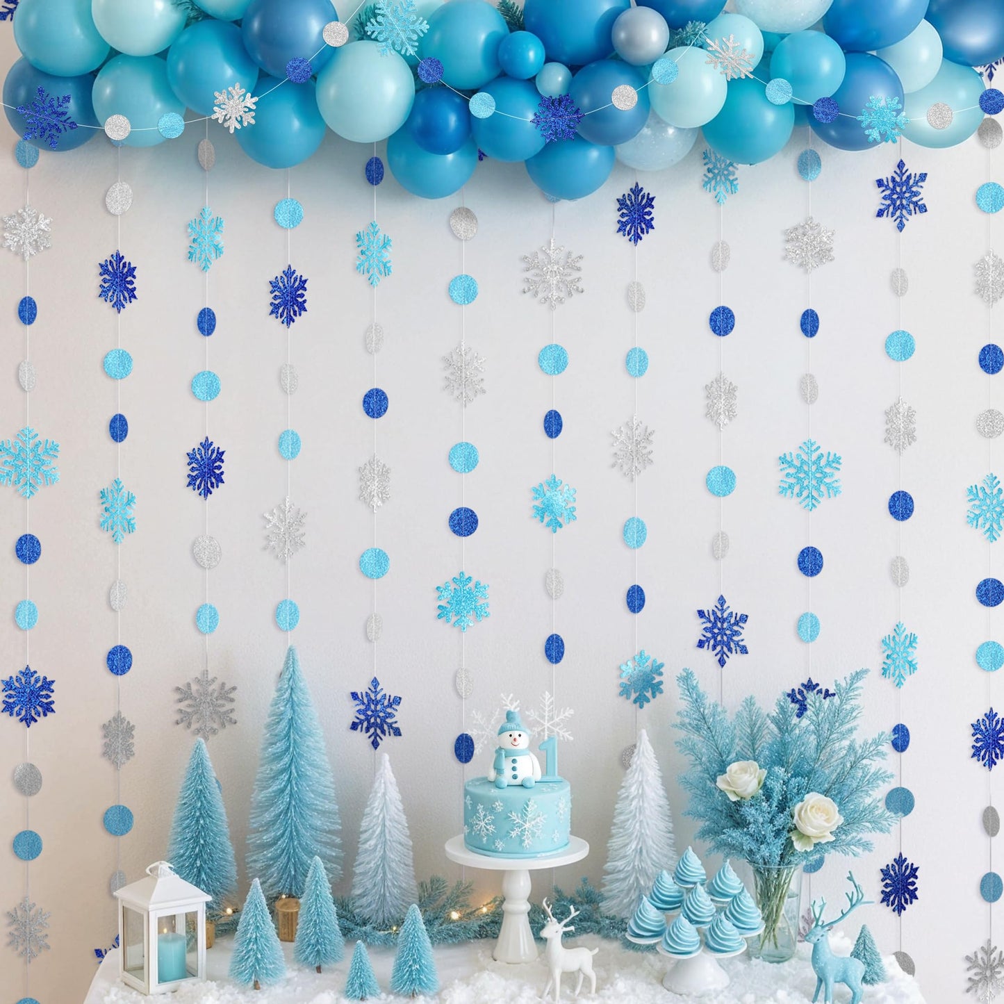 Kriyokiaa 8 PCS Blue Snowflake Garland Set, Double-Sided Glitter Winter Wonderland Hanging Decorations for Baby Shower, Birthday, Holiday Party Backdrop, Navy & Silver Paper Circle Snowflake Strings