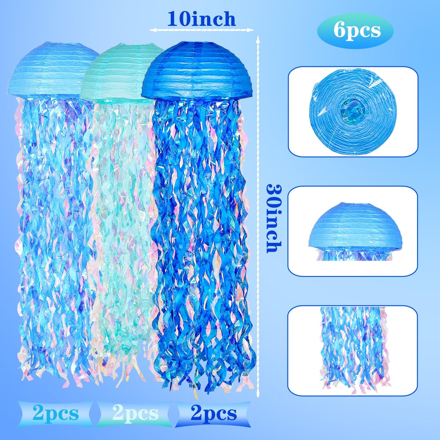 OBXT 10" Blue Hanging Jellyfish Paper Lanterns - Under the Sea Party & Mermaid Birthday Decorations, Baby Shower, Nautical Events, Ocean Theme Classroom & Beach Room Decor (Set of 6)