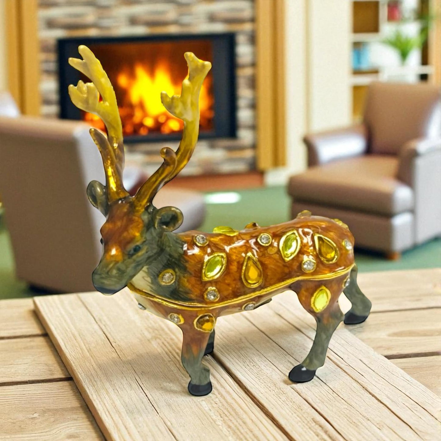 Cristiani Collezione Hand Crafted 14k Gold Plated Peweter Decorative Reindeer Figurine with Crystal Accents, Holiday Home Decor, ideal for Small Jewelry, Kids First Tooth