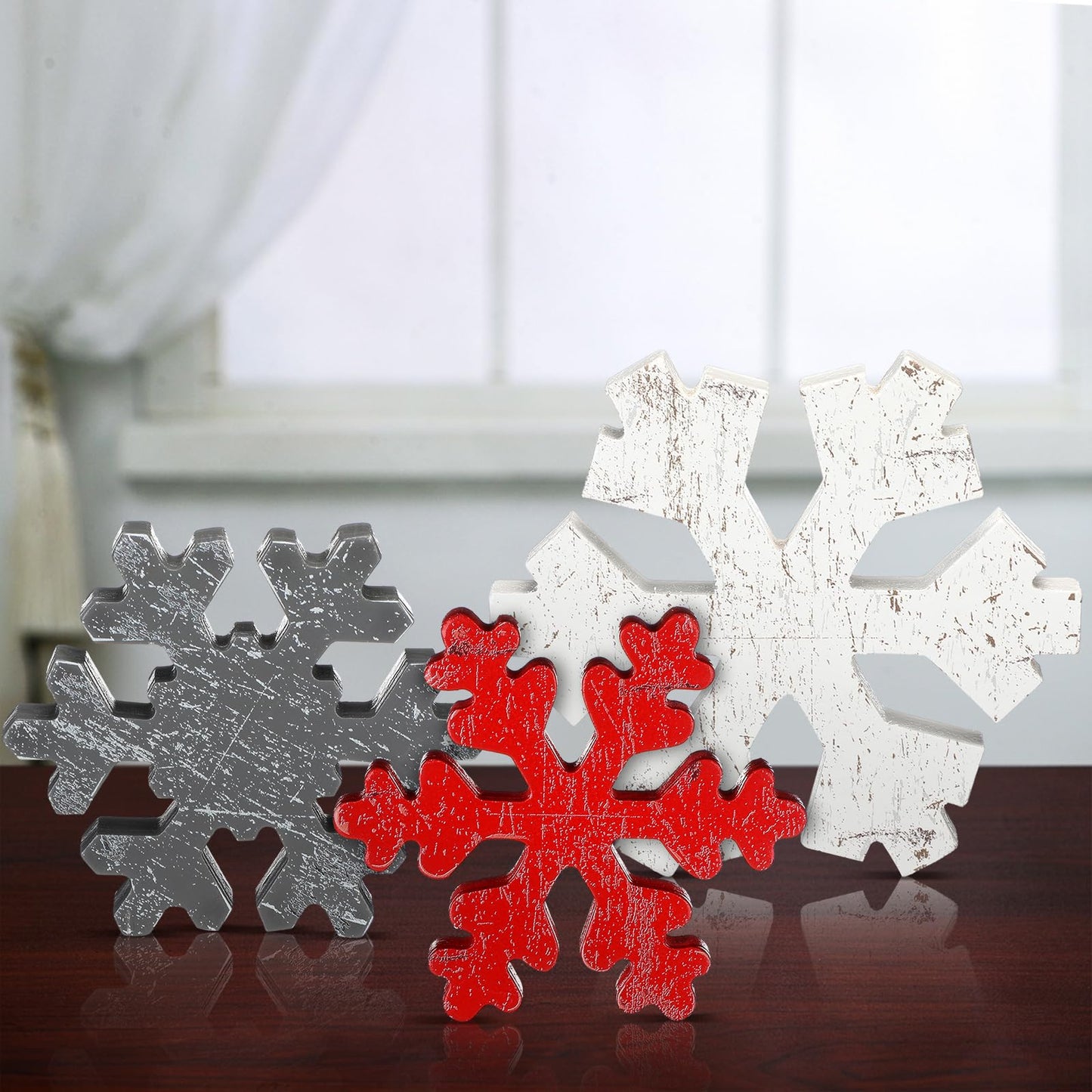 Bucherry 3 Pcs Winter Wooden Snowflake Decor Rustic Winter Snowflake Table Signs Wonderland Wood Blocks Farmhouse Christmas Tiered Tray Decorations for Xmas Table Shelf(Gray, Red, White)