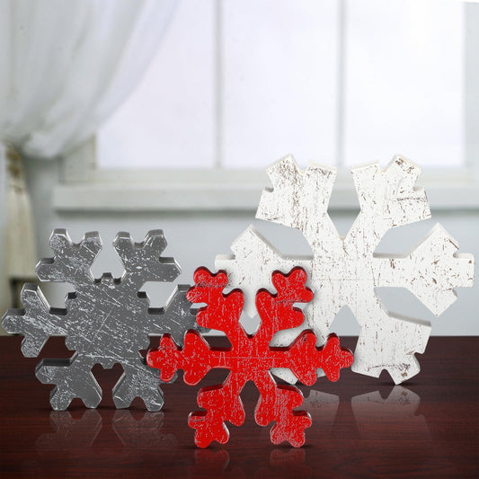 Bucherry 3 Pcs Winter Wooden Snowflake Decor Rustic Winter Snowflake Table Signs Wonderland Wood Blocks Farmhouse Christmas Tiered Tray Decorations for Xmas Table Shelf(Gray, Red, White)
