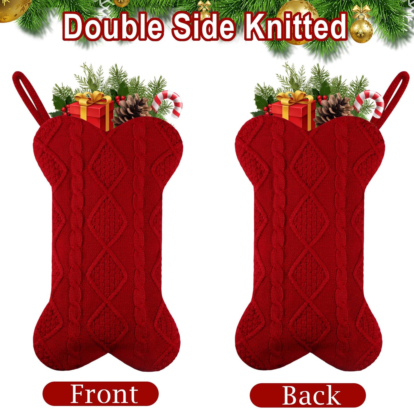 GOYOSWA Dog Christmas Stocking, 18 Inch Large Double Side Knitted Christmas Stocking for Dogs, Bone Shaped Hanging Dog Stocking for Dogs Pets (Red)