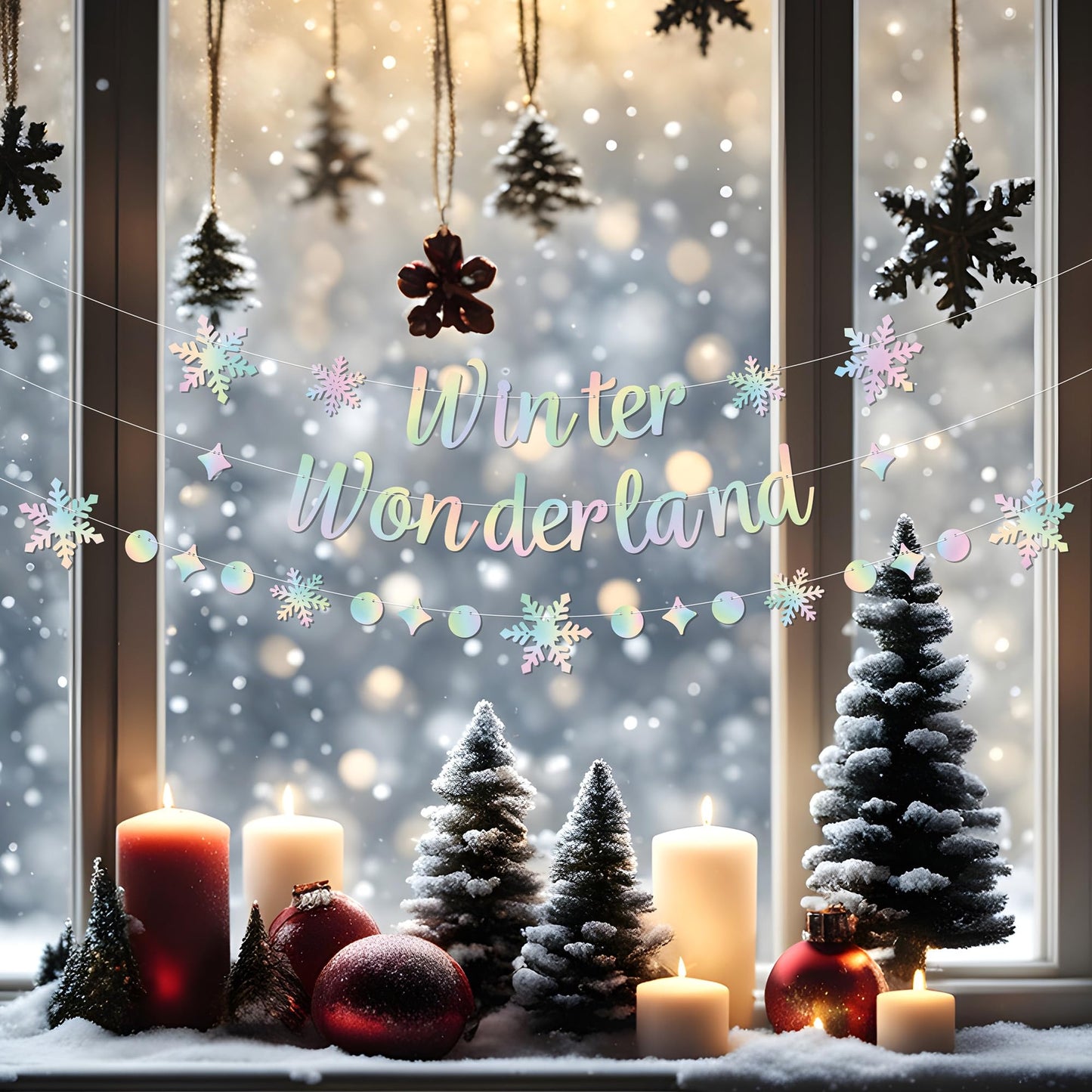 Holographic Winter Wonderland Banner, Iridescent Snowflake Garland Banner for Christmas Decoration