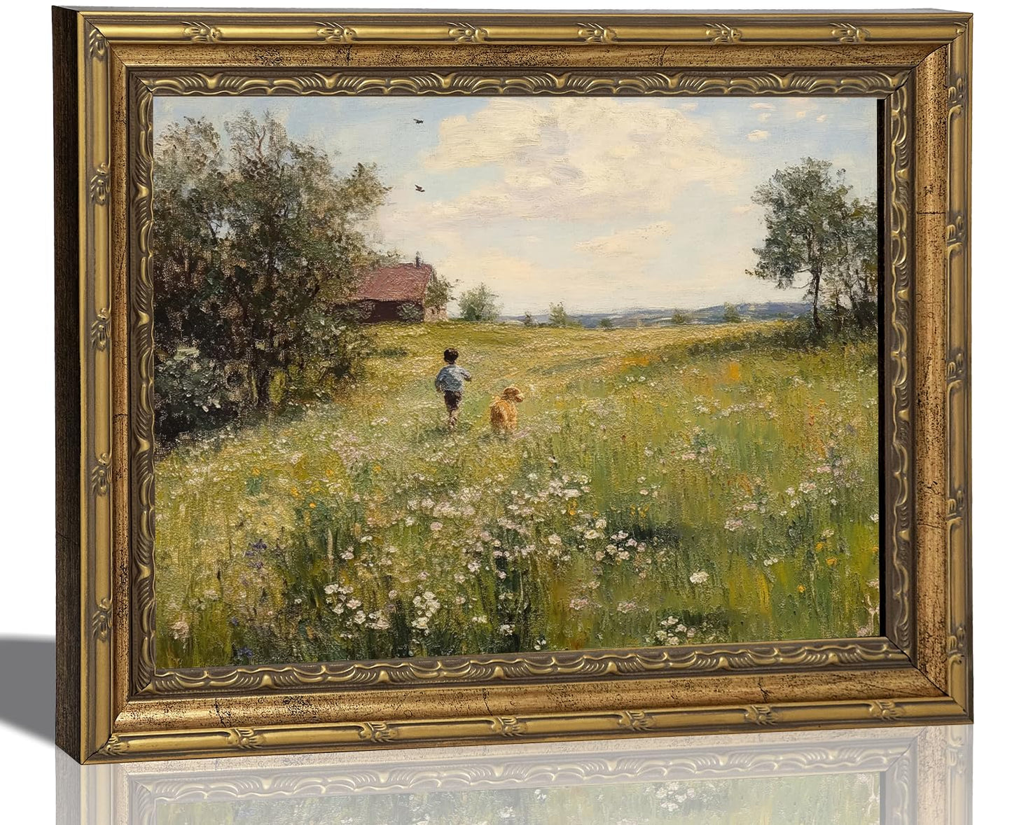 Gold Framed Vintage Country Canvas Wall Art 3D Textures Boy and Dog Running in Flower Field Painting Picture Farmhouse Landscape Wildflower Print Wall Decor for Bedroom Living Room Decoration 9x11in