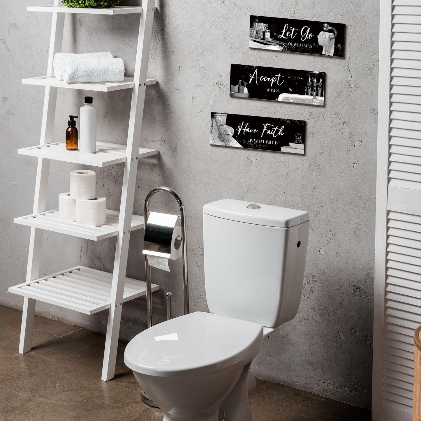 Honoson 3 Pcs Bathroom Decor Wall Art Bathroom Pictures Decor Accept Let Go Have Faith Wood Wall Hanging Sign for Home Spa Laundry 11. 8 x 3. 9 x 0. 2 Inches (Silver)