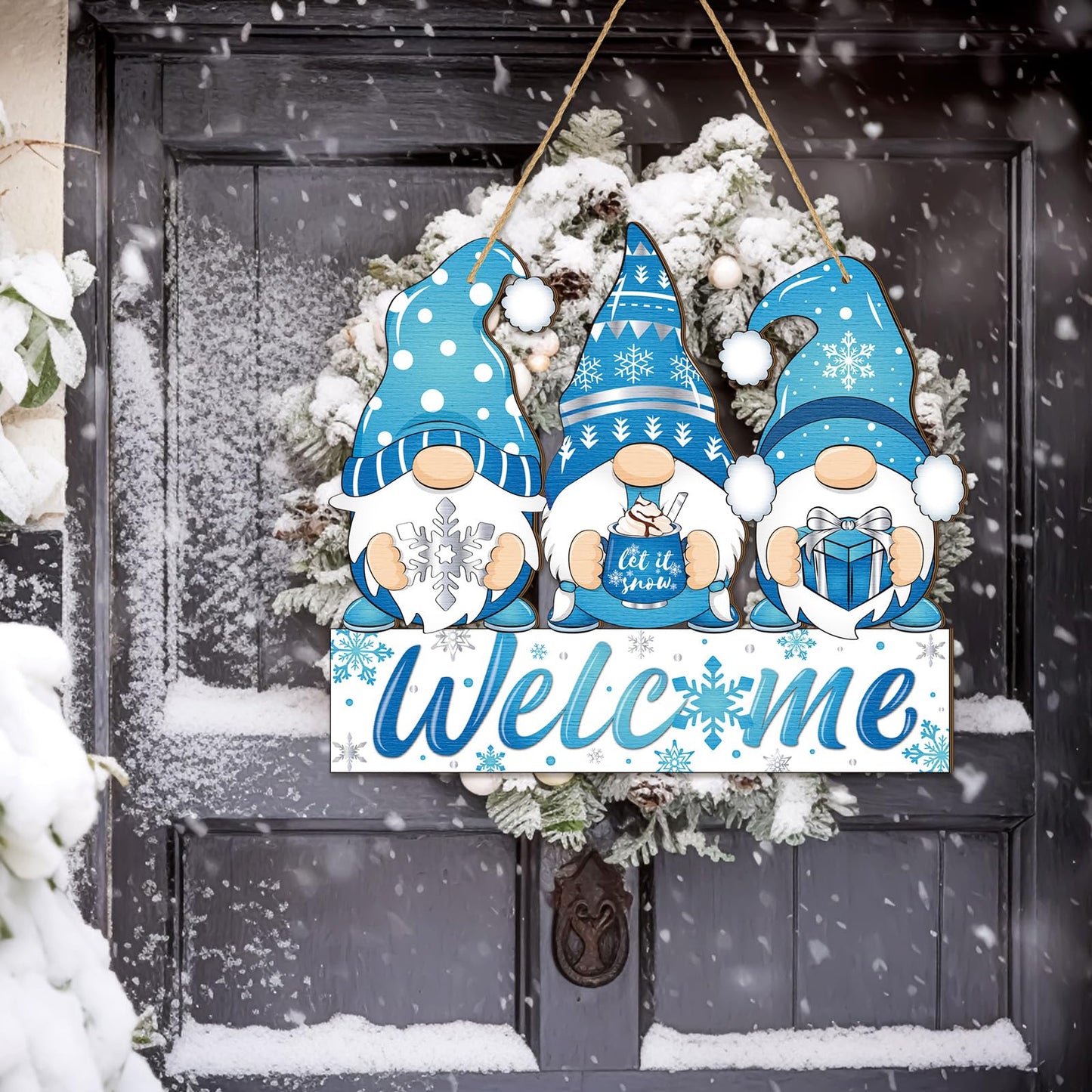 Panelee Winter Welcome Door Sign Gnome Hanging Decoration Let It Snow Wooden Gnome Sign Blue Snowflake Door Hanger with Rope Hanging Decoration for Front Porch Home Winter